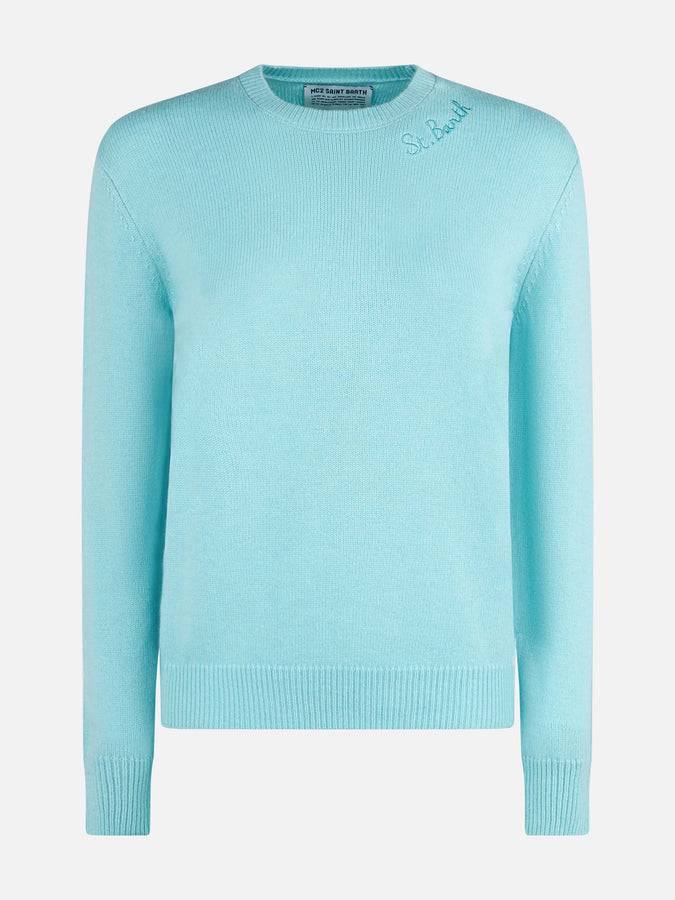 Mc2 Saint Barth Maglia Donna Girocollo Verde Acqua Con Ricamo St. Barth