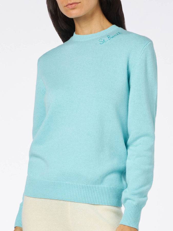 Mc2 Saint Barth Maglia donna girocollo verde acqua con ricamo St. Barth