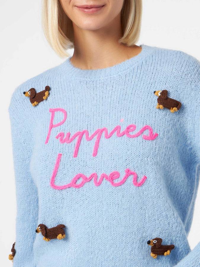 Mc2 Saint Barth Maglia Morbida Da Donna Girocollo Con Patch Cani All'uncinetto E Ricamo Puppies Lover