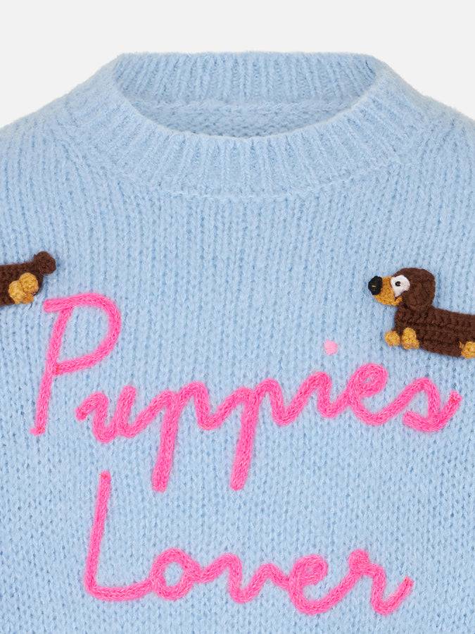 Mc2 Saint Barth Maglia Morbida Girocollo Da Bambina Con Patch Cani All'uncinetto E Ricamo Puppies Lover