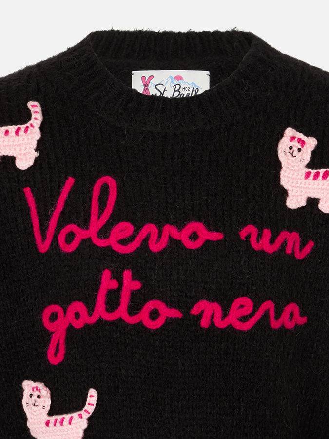 Mc2 Saint Barth Maglia Morbida Girocollo Da Bambina Con Patch Gatti All'uncinetto E Ricamo Volevo Un Gatto Nero