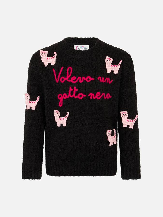 Mc2 Saint Barth Maglia morbida girocollo da bambina con patch gatti all'uncinetto e ricamo Volevo un Gatto Nero