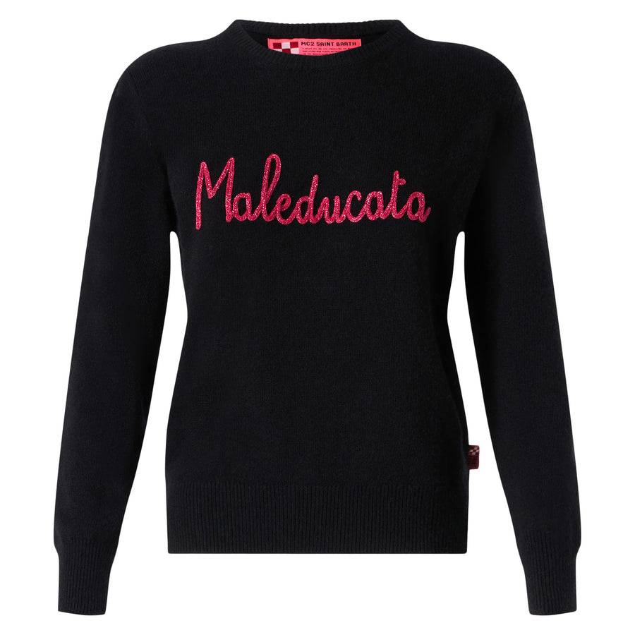 Mc2 Saint Barth Maglia Nera Da Donna Ricamo Lurex Maleducata