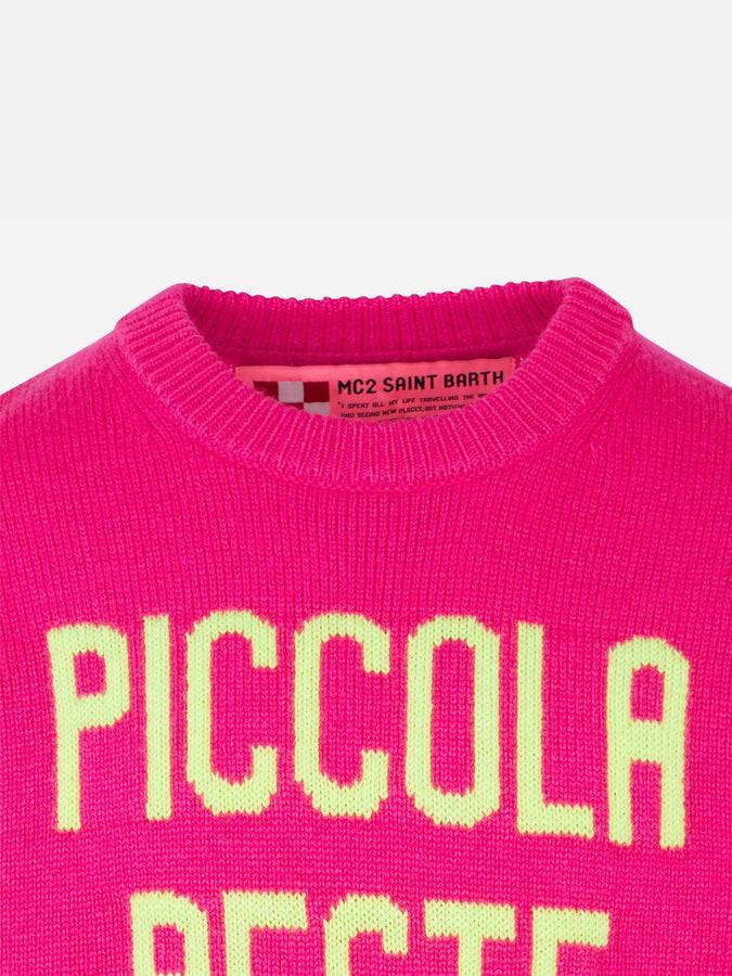 Mc2 Saint Barth Maglia Rosa Fluo Da Bambina Ricamo Piccola Peste Giallo Fluo