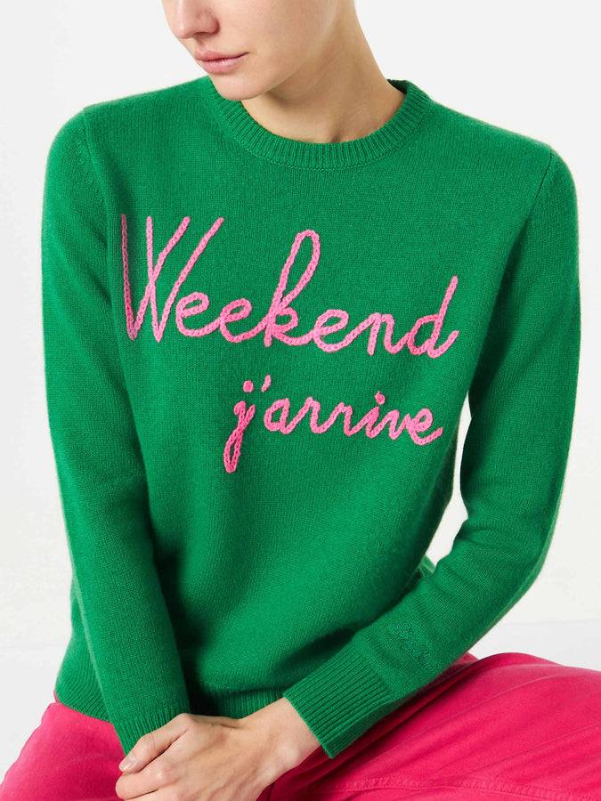 Mc2 Saint Barth Maglia Verde Con Ricamo Weekend J'arrive Rosa Fluo