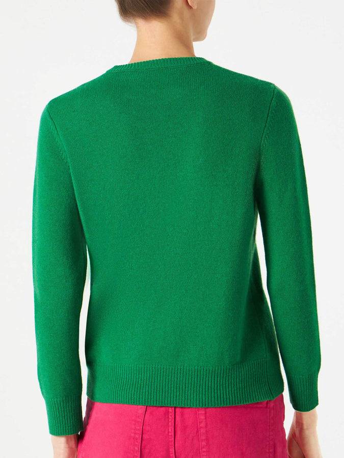 Mc2 Saint Barth Maglia Verde Con Ricamo Weekend J'arrive Rosa Fluo