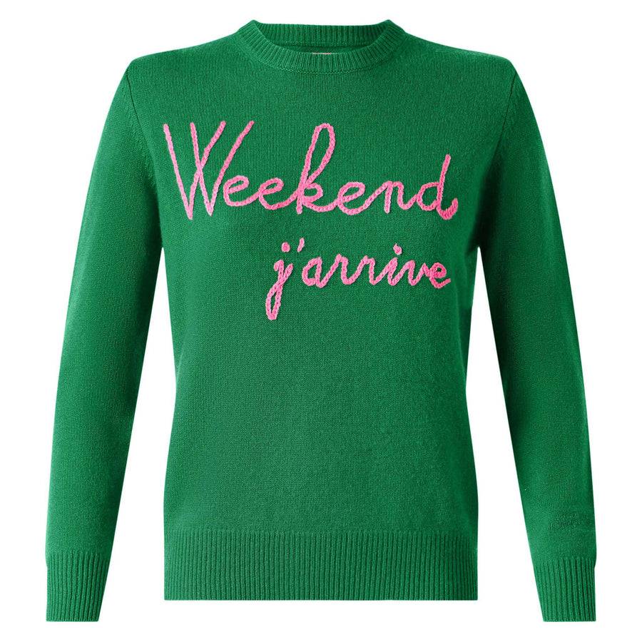 Mc2 Saint Barth Maglia Verde Con Ricamo Weekend J'arrive Rosa Fluo