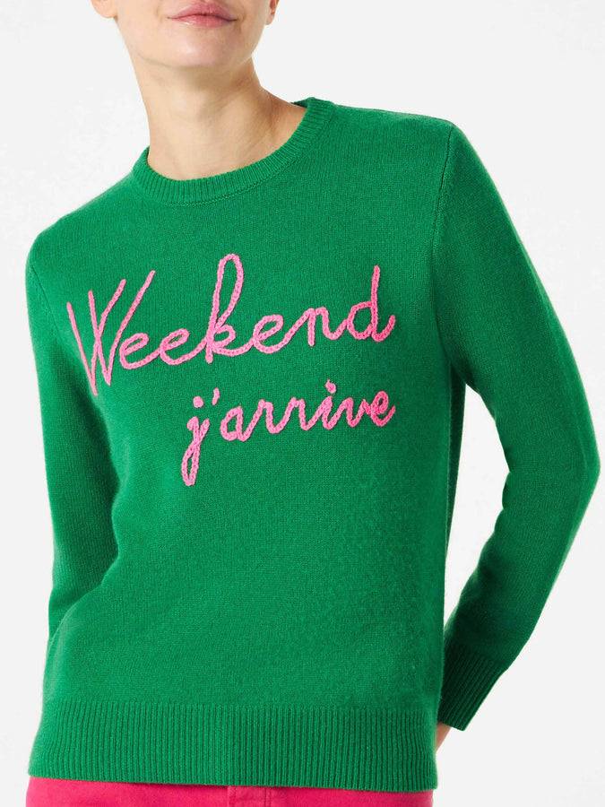 Mc2 Saint Barth Maglia verde con ricamo Weekend j'arrive rosa fluo