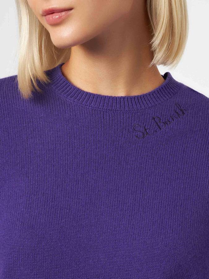 Mc2 Saint Barth Maglia Viola Da Donna Girocollo Con Ricamo St. Barth