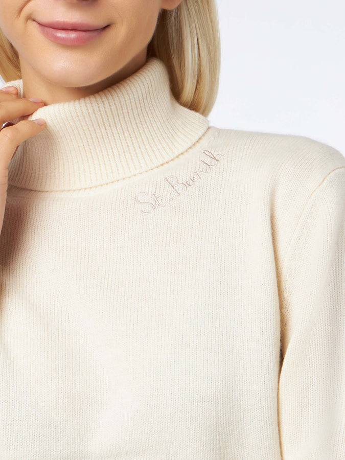 Mc2 Saint Barth Maglione Dolcevita Bianco Lavorato A Maglia Da Donna