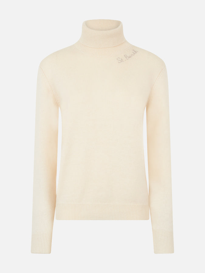 Mc2 Saint Barth Maglione Dolcevita Bianco Lavorato A Maglia Da Donna