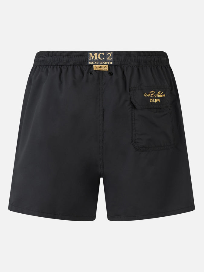 Mc2 Saint Barth Man Black Mid-length Swim Shorts Patmos With Milan 125 Embroidery | AC MILAN 125 SPECIAL EDITION