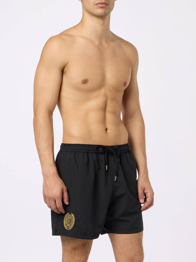 Mc2 Saint Barth Man Black Mid-length Swim Shorts Patmos With Milan 125 Embroidery | AC MILAN 125 SPECIAL EDITION