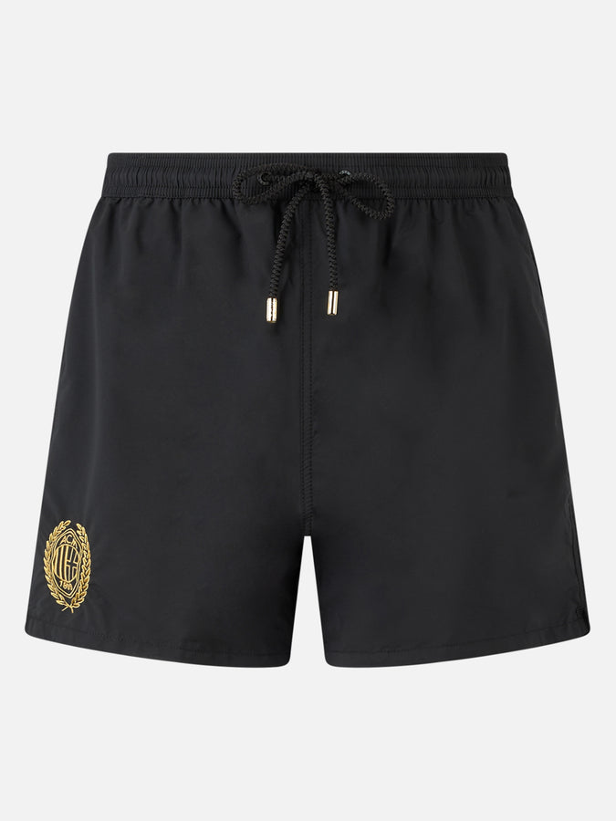 Mc2 Saint Barth Man black mid-length swim shorts Patmos with Milan 125 embroidery | AC MILAN 125 SPECIAL EDITION