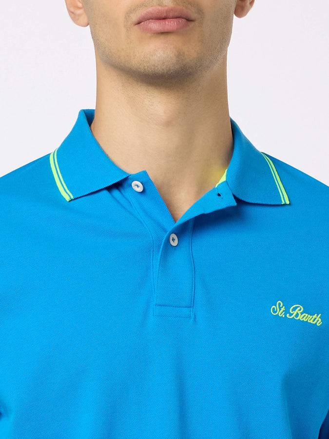 Mc2 Saint Barth Man Bluette Cotton Piquet Polo Shirt Beverly Hills With Palm Embroidery