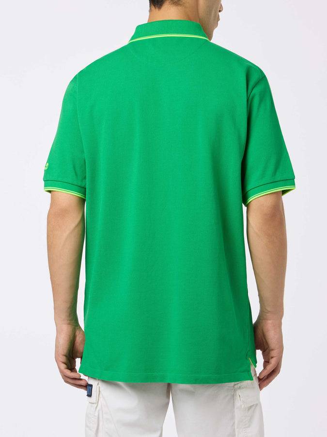 Mc2 Saint Barth Man Green Cotton Piquet Polo Shirt Beverly Hills With Palm Embroidery