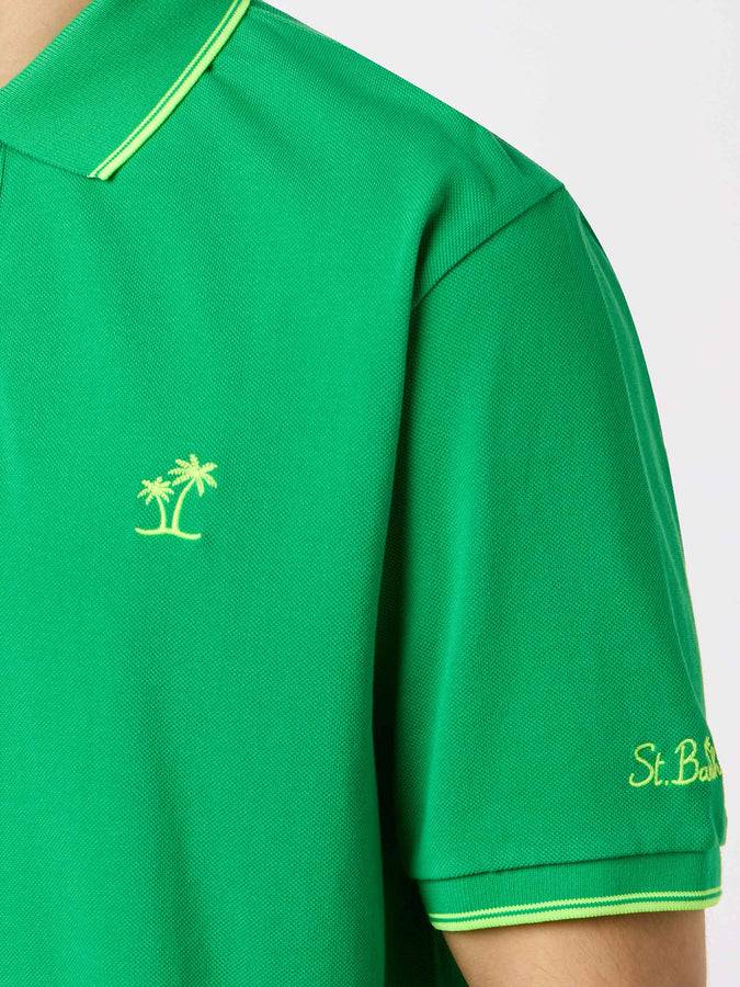 Mc2 Saint Barth Man Green Cotton Piquet Polo Shirt Beverly Hills With Palm Embroidery