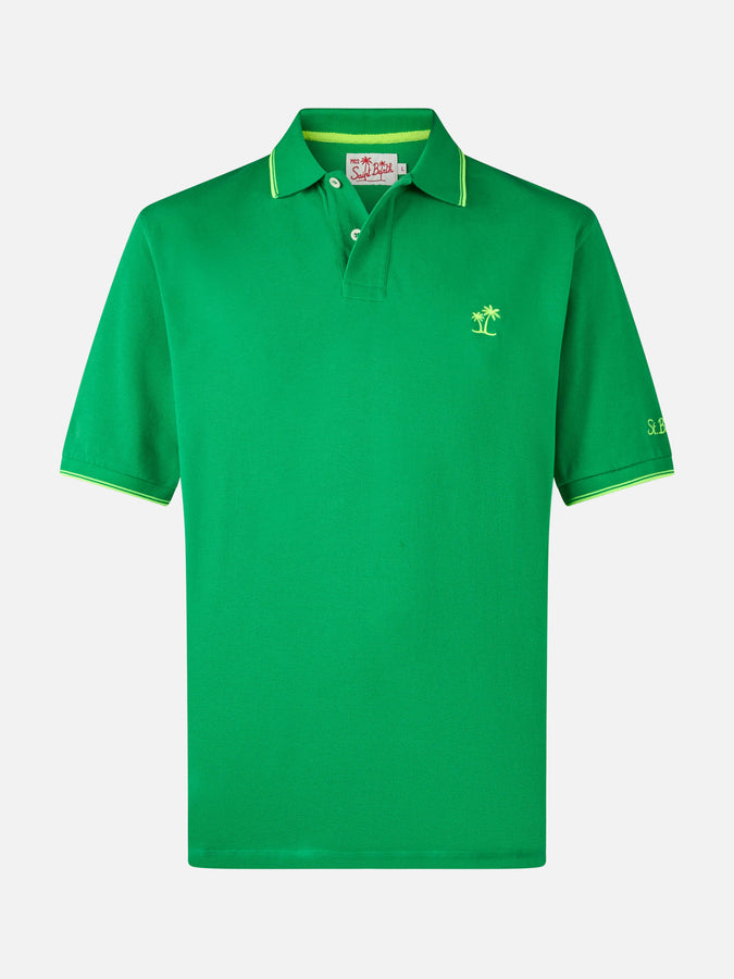 Mc2 Saint Barth Man Green Cotton Piquet Polo Shirt Beverly Hills With Palm Embroidery