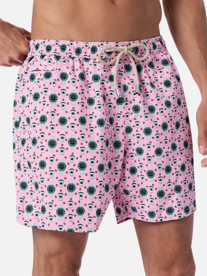 Mc2 Saint Barth Man Lightweight Fabric Swim-shorts Lighting Micro Fantasy With Watches Print