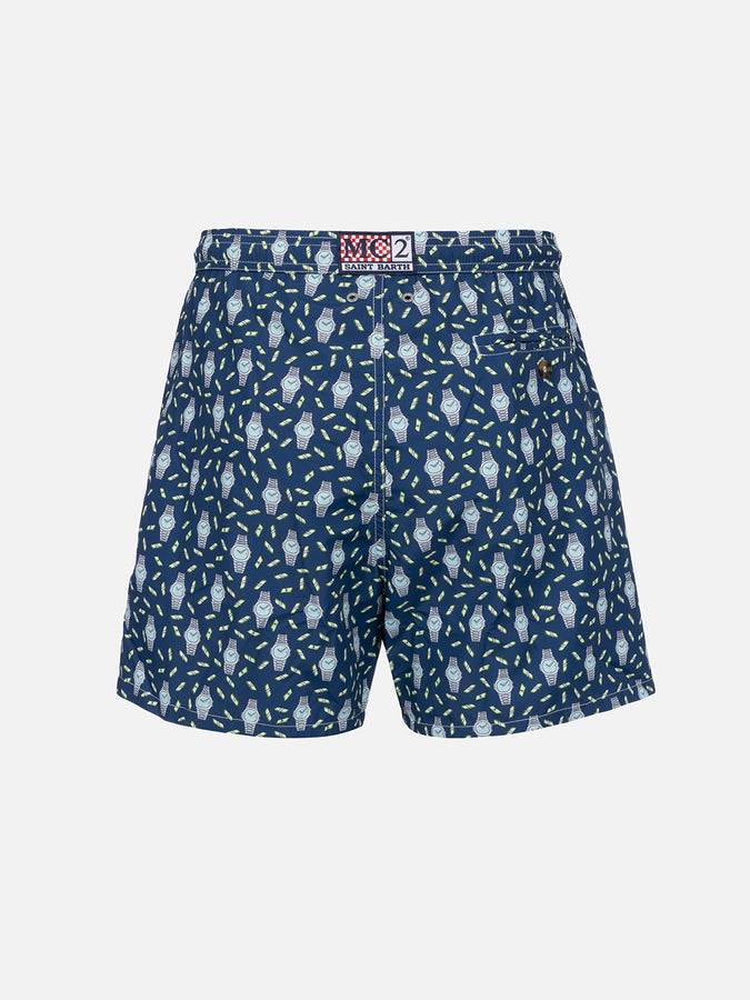 Mc2 Saint Barth Man Lightweight Fabric Swim-shorts Lighting Micro Fantasy With Watches Print
