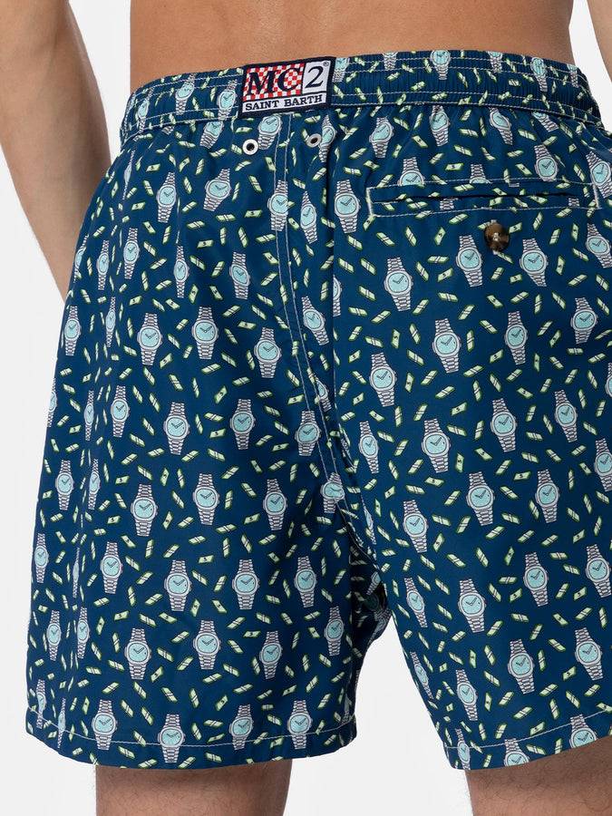 Mc2 Saint Barth Man Lightweight Fabric Swim-shorts Lighting Micro Fantasy With Watches Print