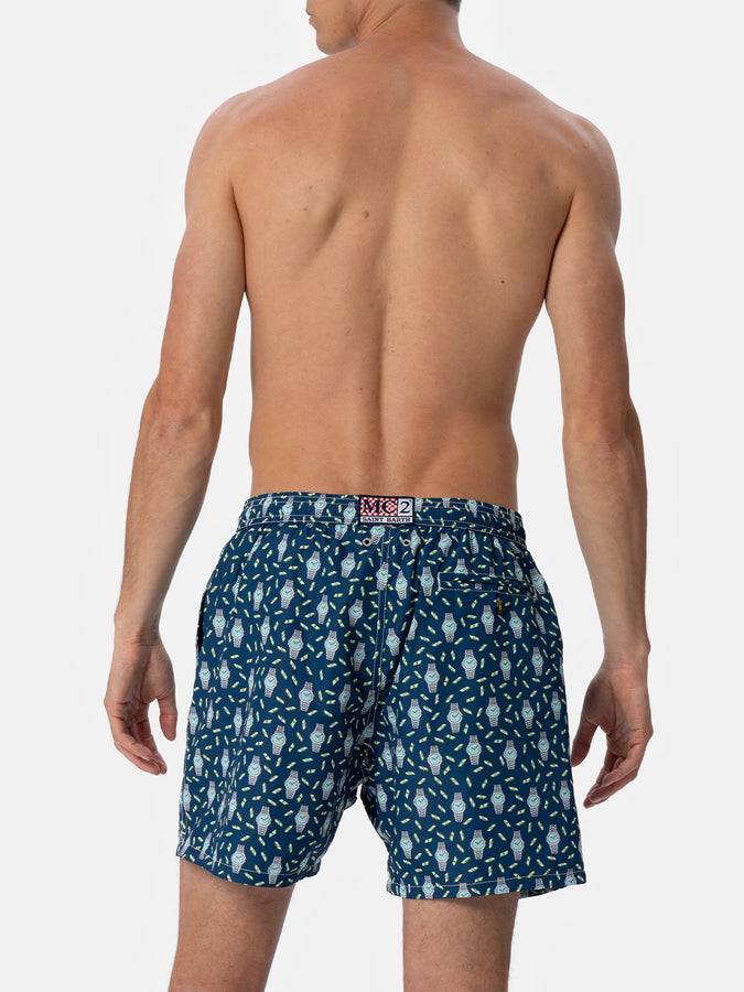 Mc2 Saint Barth Man Lightweight Fabric Swim-shorts Lighting Micro Fantasy With Watches Print