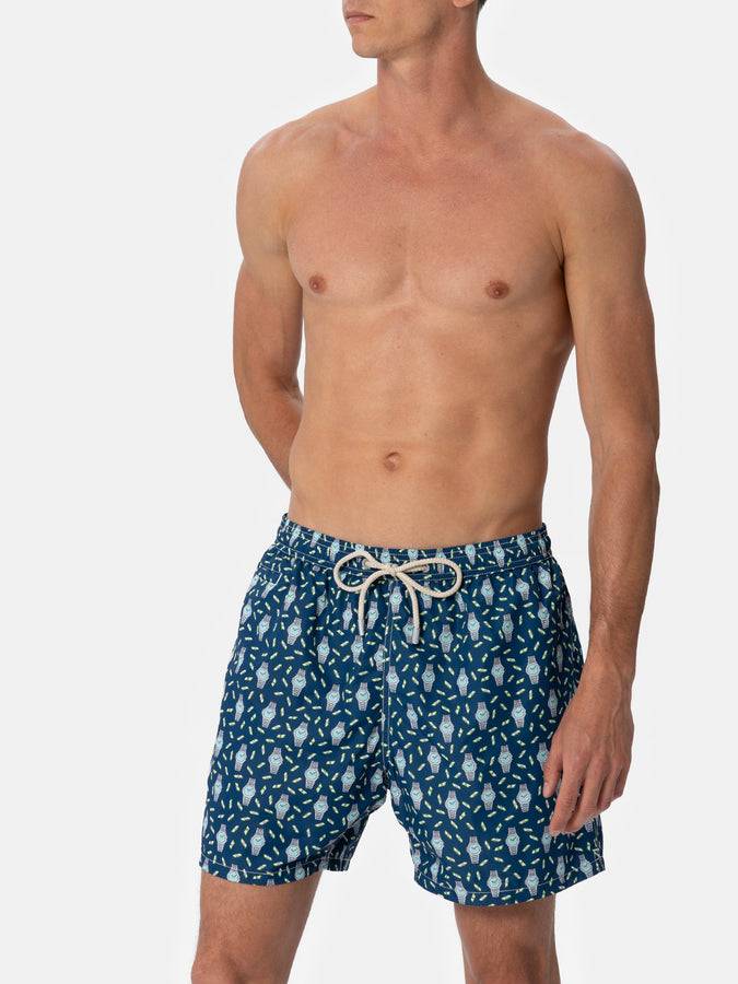 Mc2 Saint Barth Man Lightweight Fabric Swim-shorts Lighting Micro Fantasy With Watches Print