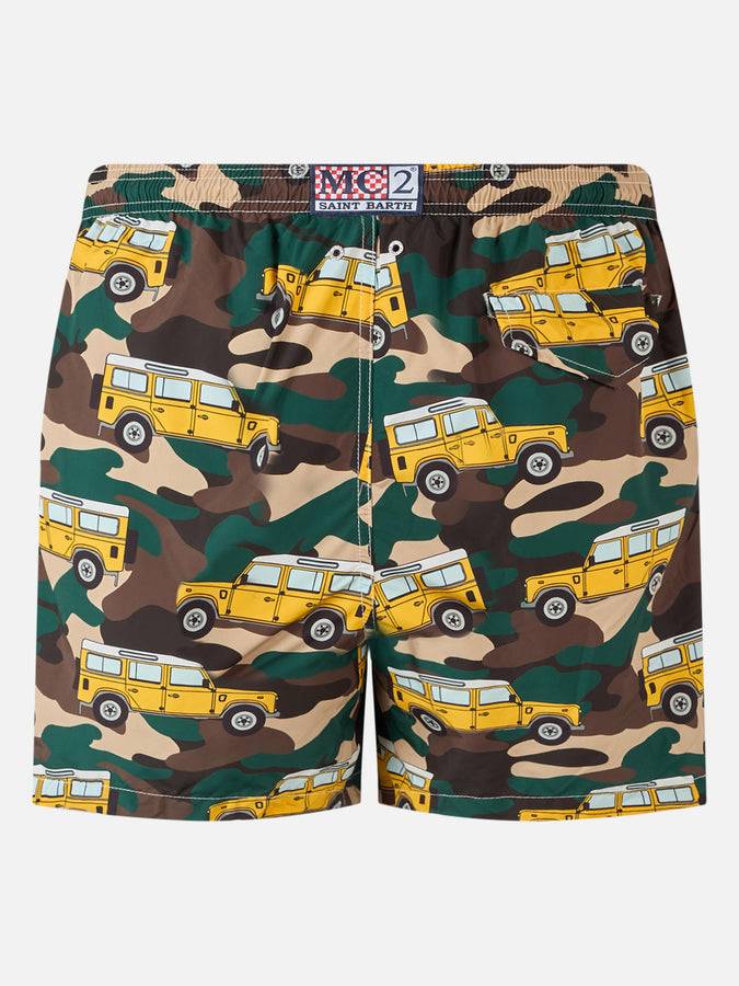 Mc2 Saint Barth Man Lightweight Fabric Swim-shorts Lighting With Off-road Car Print