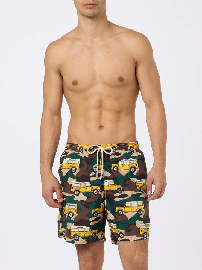 Mc2 Saint Barth Man Lightweight Fabric Swim-shorts Lighting With Off-road Car Print