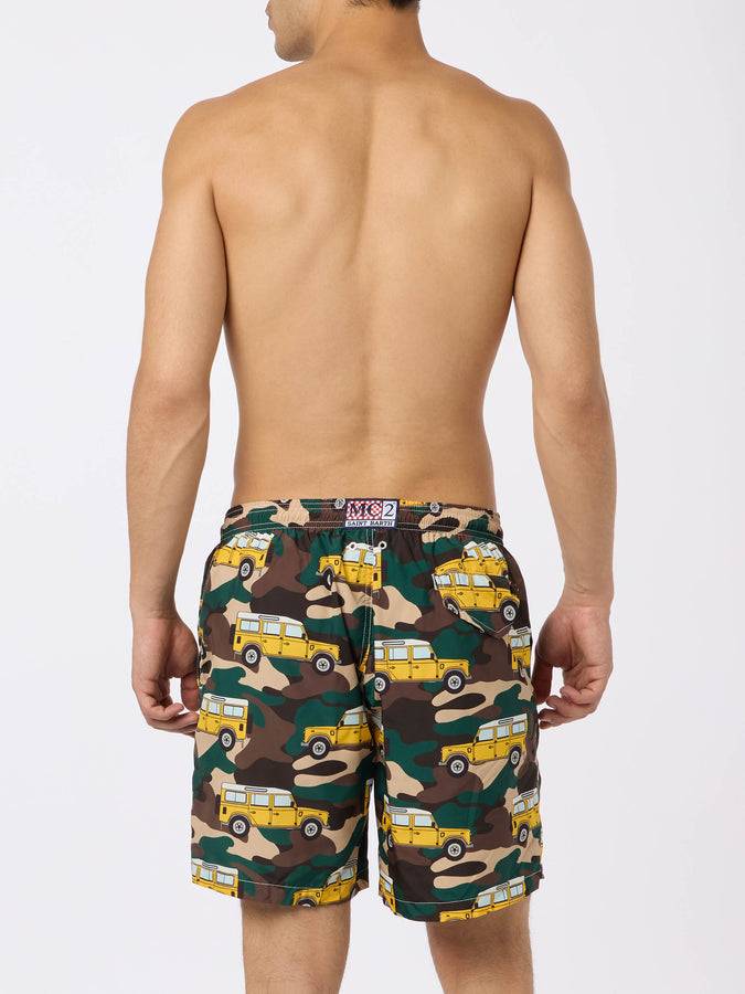 Mc2 Saint Barth Man Lightweight Fabric Swim-shorts Lighting With Off-road Car Print