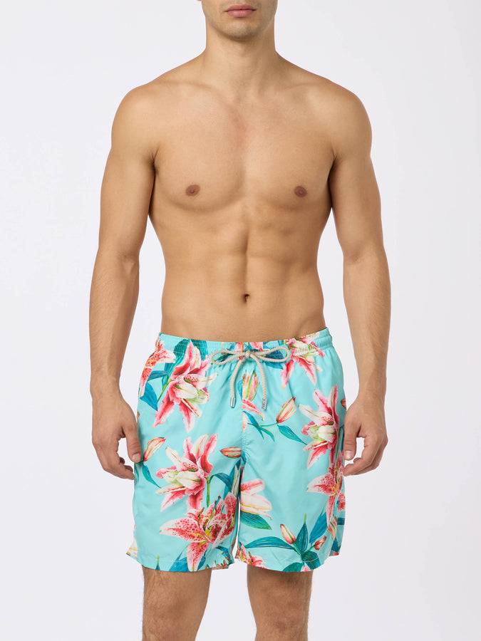 Mc2 Saint Barth Man Lightweight Fabric Swim-shorts Lighting With Tropical Flowers Print