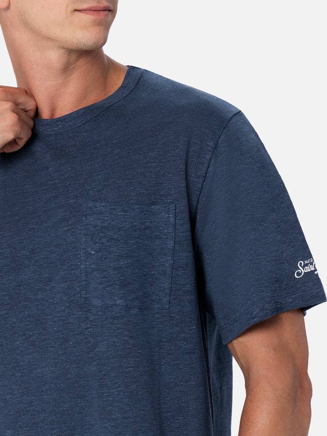 Mc2 Saint Barth Man Navy Blue Linen Jersey T-shirt Ecstasea With Pocket