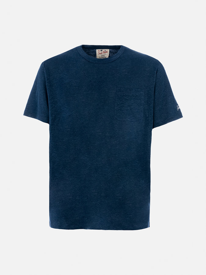 Mc2 Saint Barth Man Navy Blue Linen Jersey T-shirt Ecstasea With Pocket
