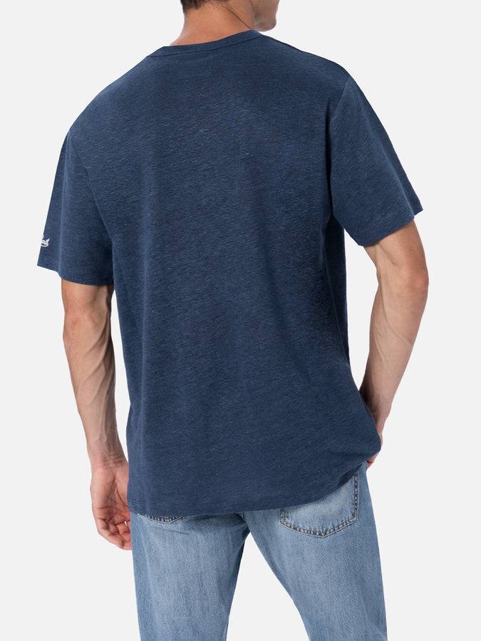 Mc2 Saint Barth Man Navy Blue Linen Jersey T-shirt Ecstasea With Pocket