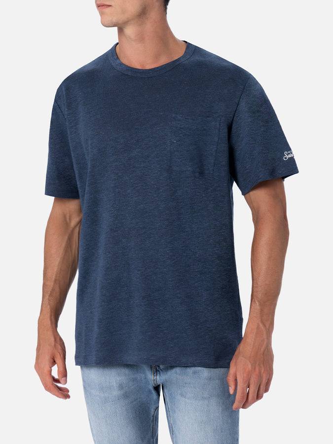 Mc2 Saint Barth Man navy blue linen jersey t-shirt Ecstasea with pocket