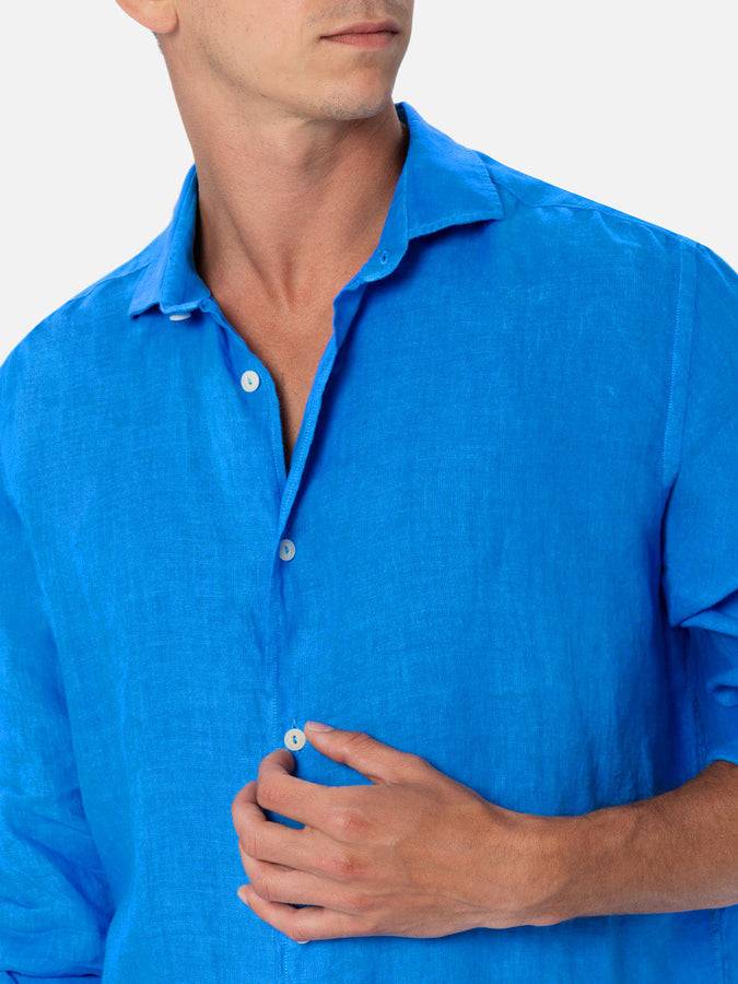Mc2 Saint Barth Man Watercolor Bluette Linen Shirt Pamplona