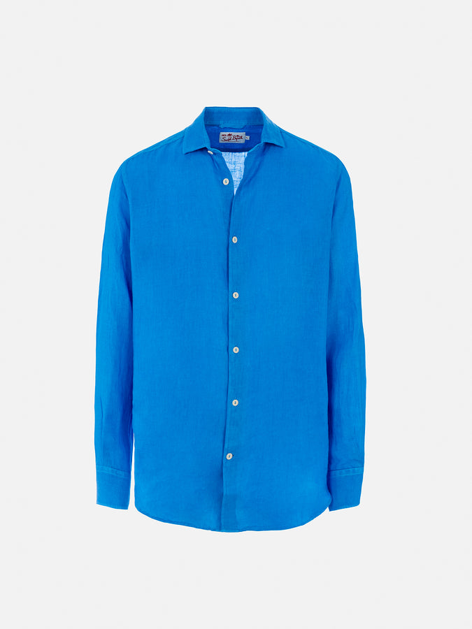 Mc2 Saint Barth Man Watercolor Bluette Linen Shirt Pamplona