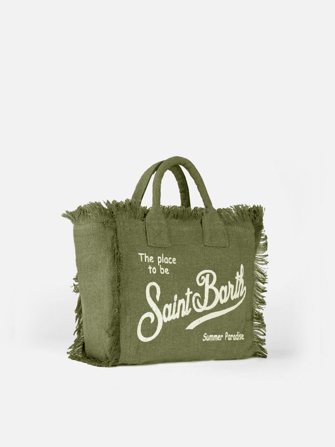 Mc2 Saint Barth Military Green Colette Linen Handbag With Saint Barth Logo Print