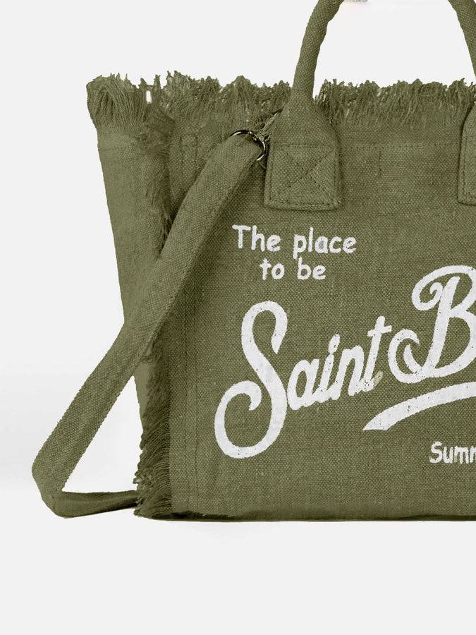 Mc2 Saint Barth Military Green Colette Linen Handbag With Saint Barth Logo Print