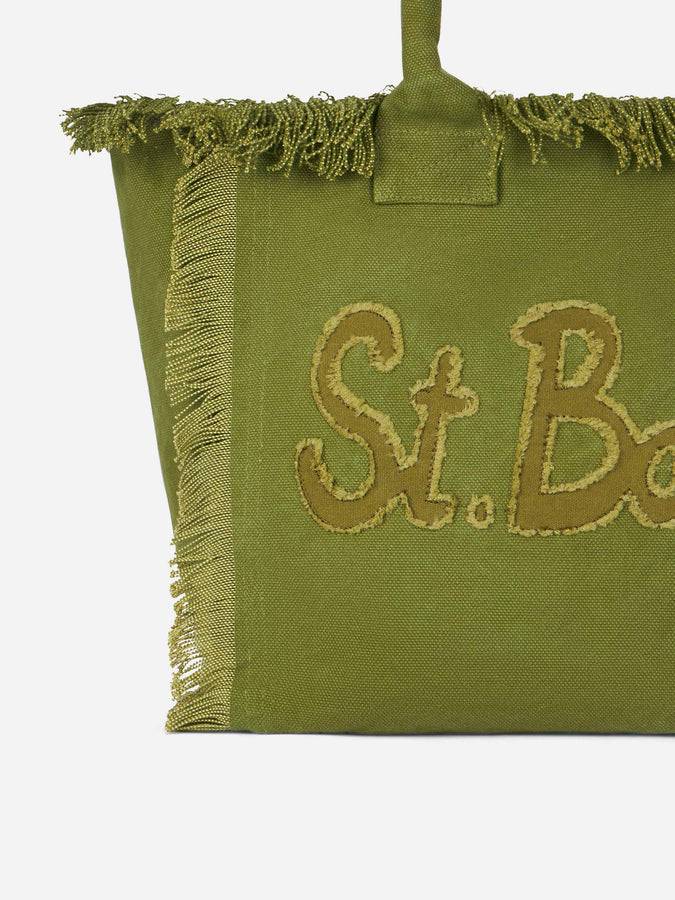 Mc2 Saint Barth Military Green Cotton Canvas Vanity Tote Bag With Logo Patch