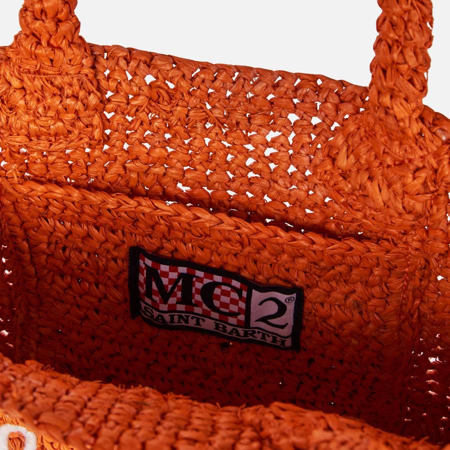 Mc2 Saint Barth Mini Borsa Vanity In Rafia Arancione Con Ricamo Frontale