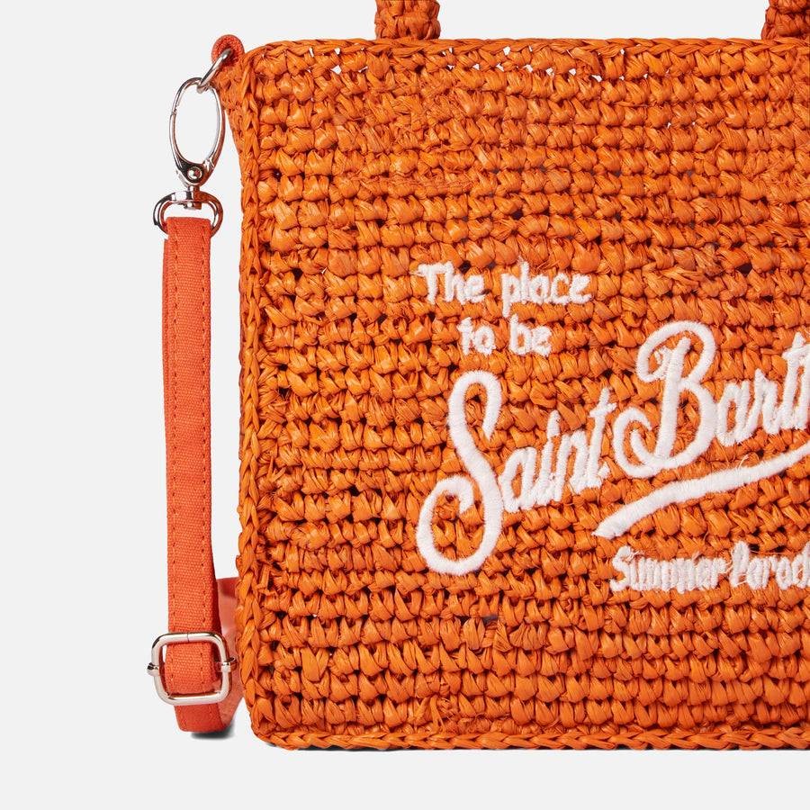 Mc2 Saint Barth Mini Borsa Vanity In Rafia Arancione Con Ricamo Frontale