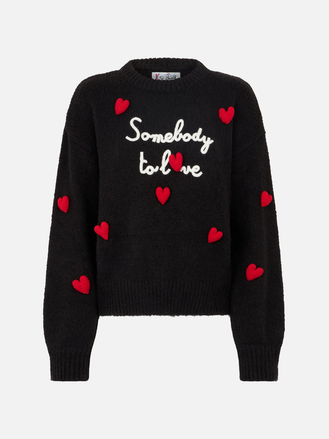 Mc2 Saint Barth Morbida Maglia Da Donna Dalla Forma Squadrata Con Ricamo Somebody To Love E Patch Cuori All'uncinetto
