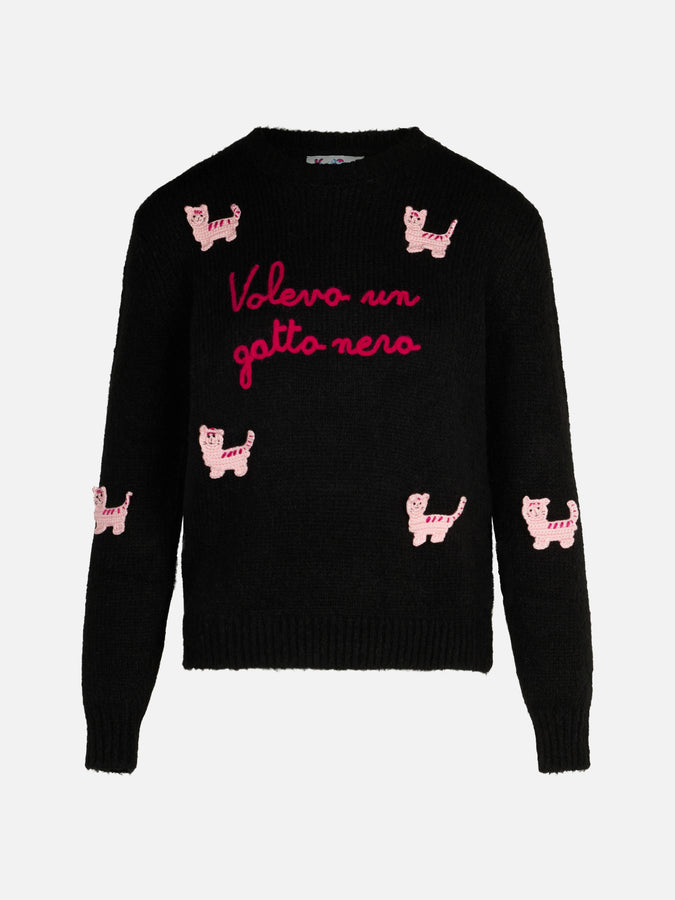 Mc2 Saint Barth Morbida Maglia Da Donna Girocollo Con Patch Gatti All'uncinetto E Ricamo Volevo Un Gatto Nero