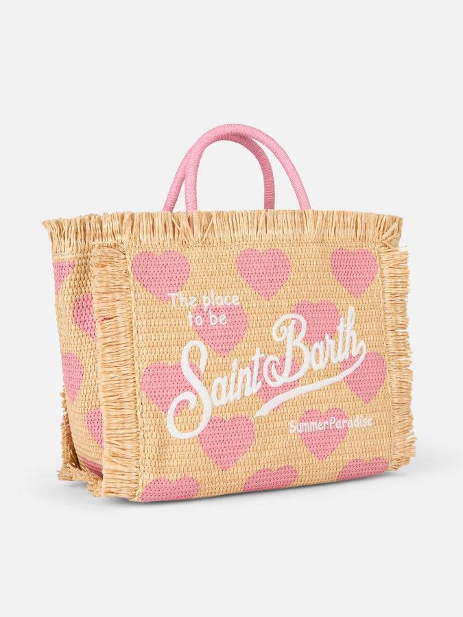 Mc2 Saint Barth Natural Beige Colette Raffia Handbag With Hearts Embroidery