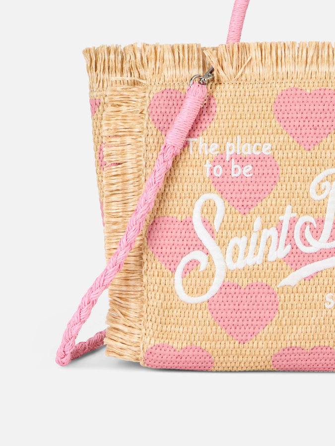 Mc2 Saint Barth Natural Beige Colette Raffia Handbag With Hearts Embroidery