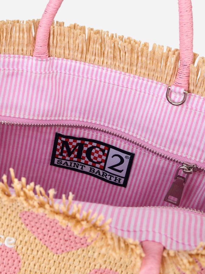 Mc2 Saint Barth Natural Beige Colette Raffia Handbag With Hearts Embroidery