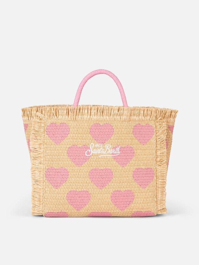 Mc2 Saint Barth Natural Beige Colette Raffia Handbag With Hearts Embroidery