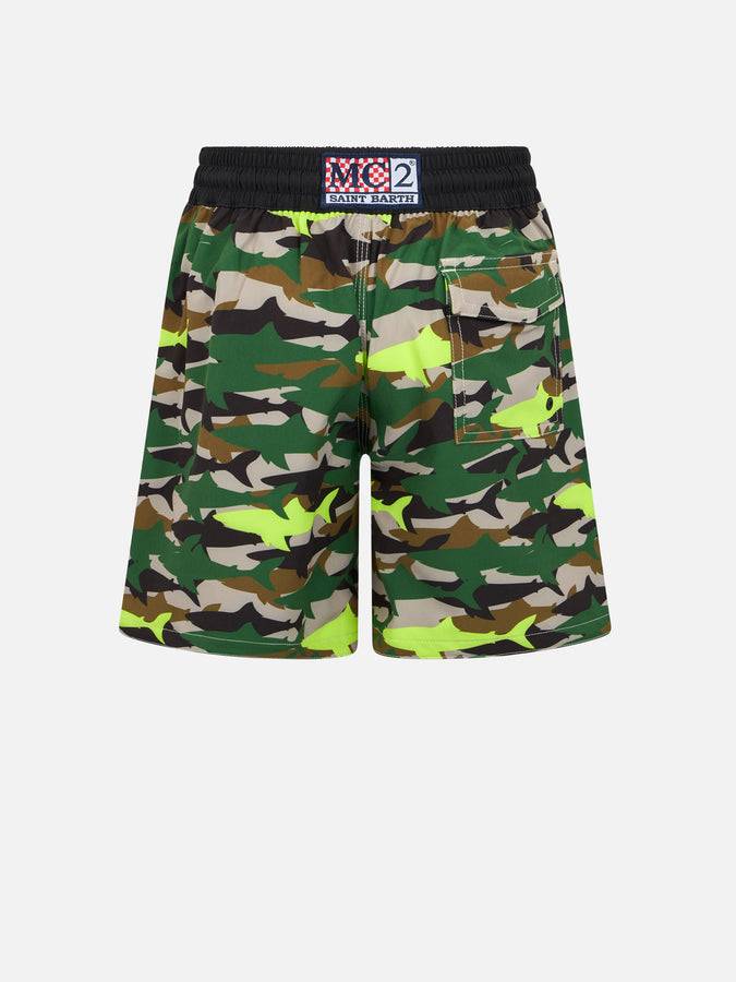 Mc2 Saint Barth Pantaloncini Da Bagno Da Bambino Comfort Surf Jr Con Stampa Squalo Mimetico