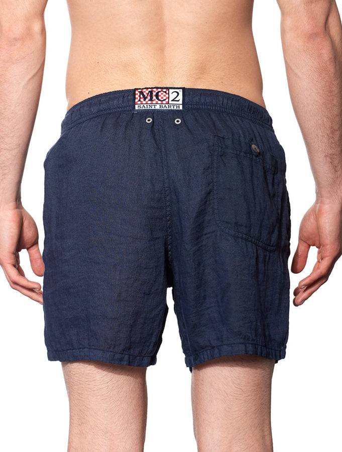 Mc2 Saint Barth Pantaloncini Da Bagno In Lino Di Media Lunghezza Blu Tinta Unita
